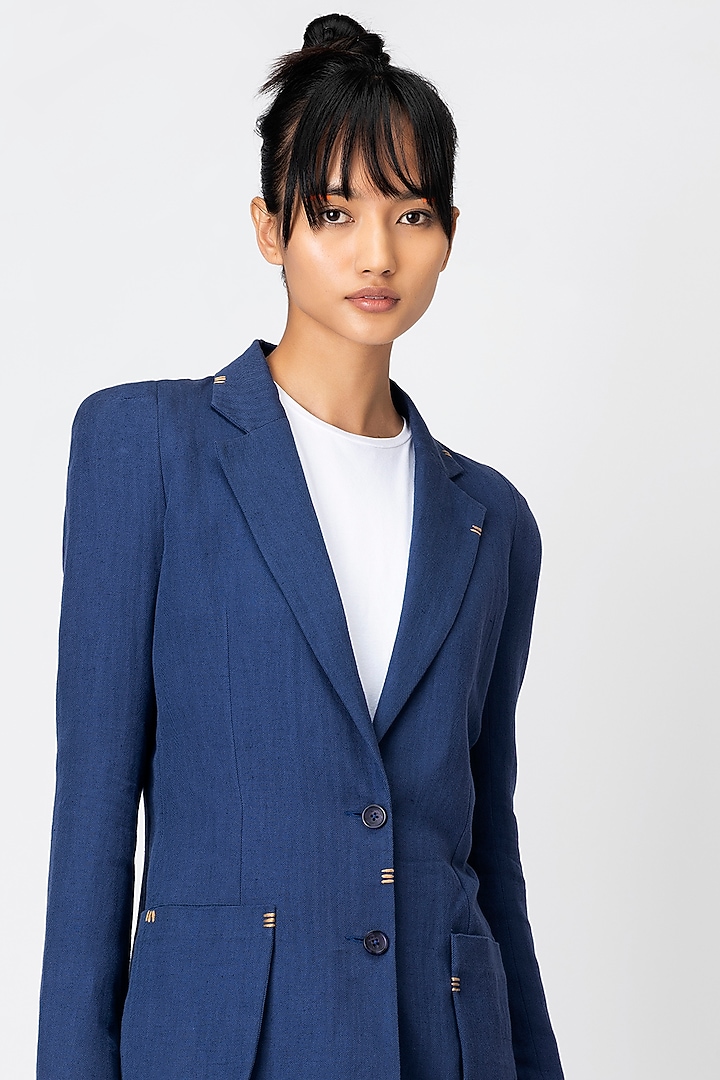 Marine Blue Linen Jacket by Genes Lecoanet Hemant at Pernia's Pop Up Shop
