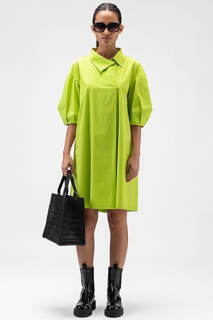 Lime Green Cotton Poplin A-Line Dress by Genes Lecoanet Hemant