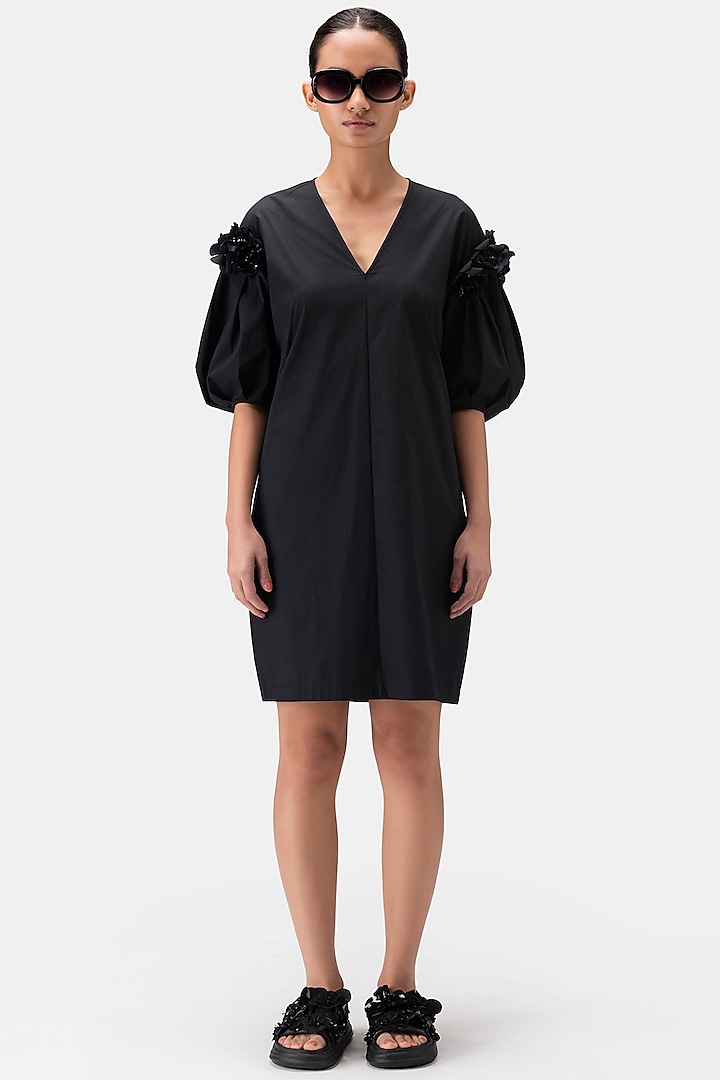 Black Cotton Poplin Embroidered Dress by Genes Lecoanet Hemant