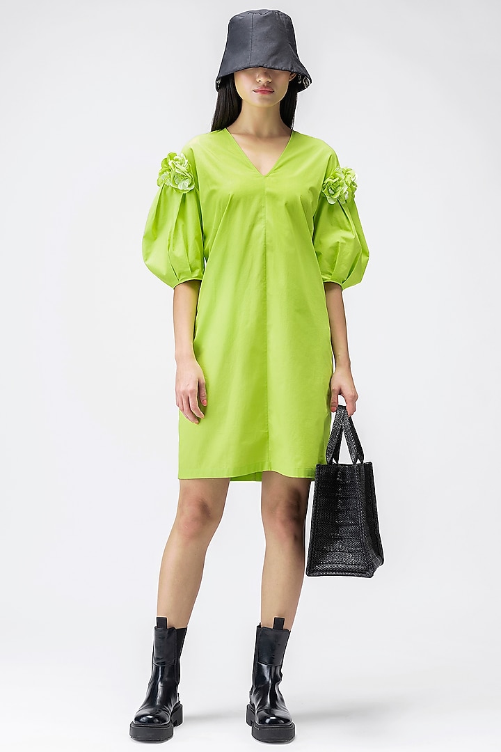 Lime Green Cotton Poplin Embroidered Dress by Genes Lecoanet Hemant at Pernia's Pop Up Shop