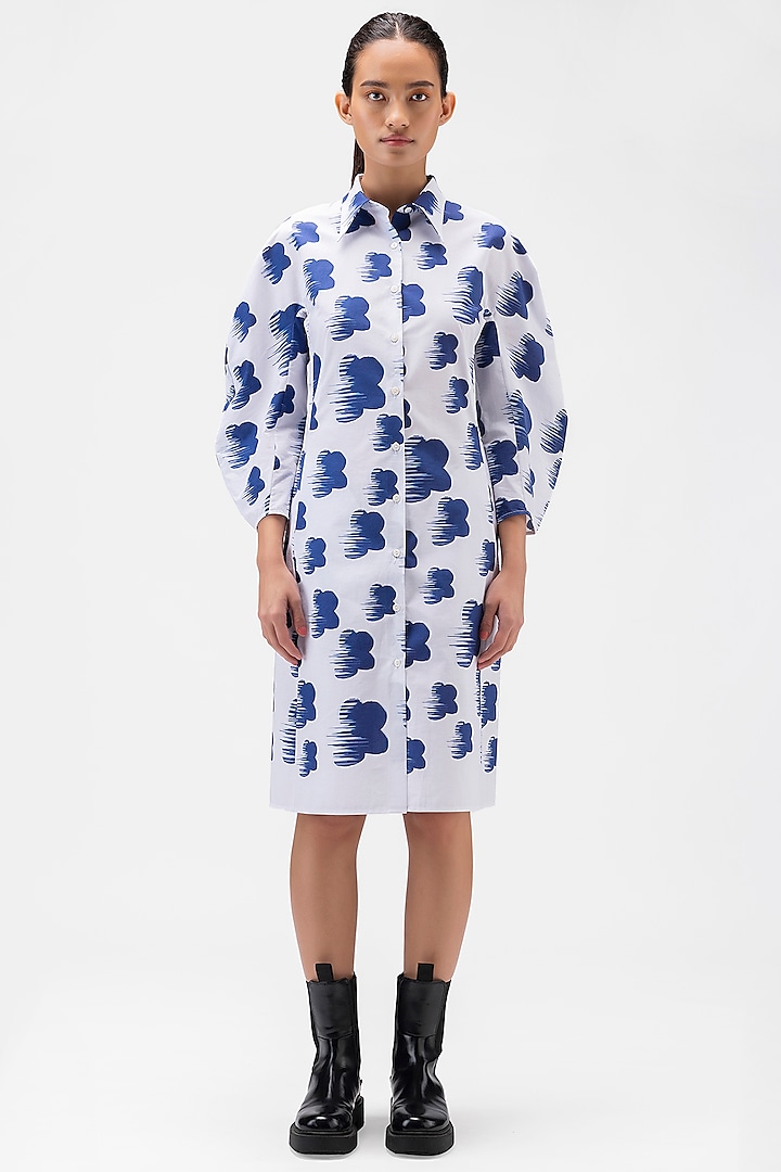 Blue Cotton Poplin Printed Shirt Dress by Genes Lecoanet Hemant at Pernia's Pop Up Shop