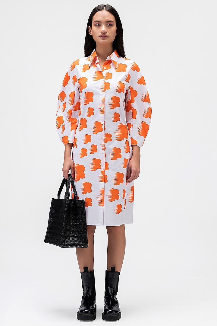 Orange Cotton Poplin Printed Shirt Dress by Genes Lecoanet Hemant at Pernia's Pop Up Shop