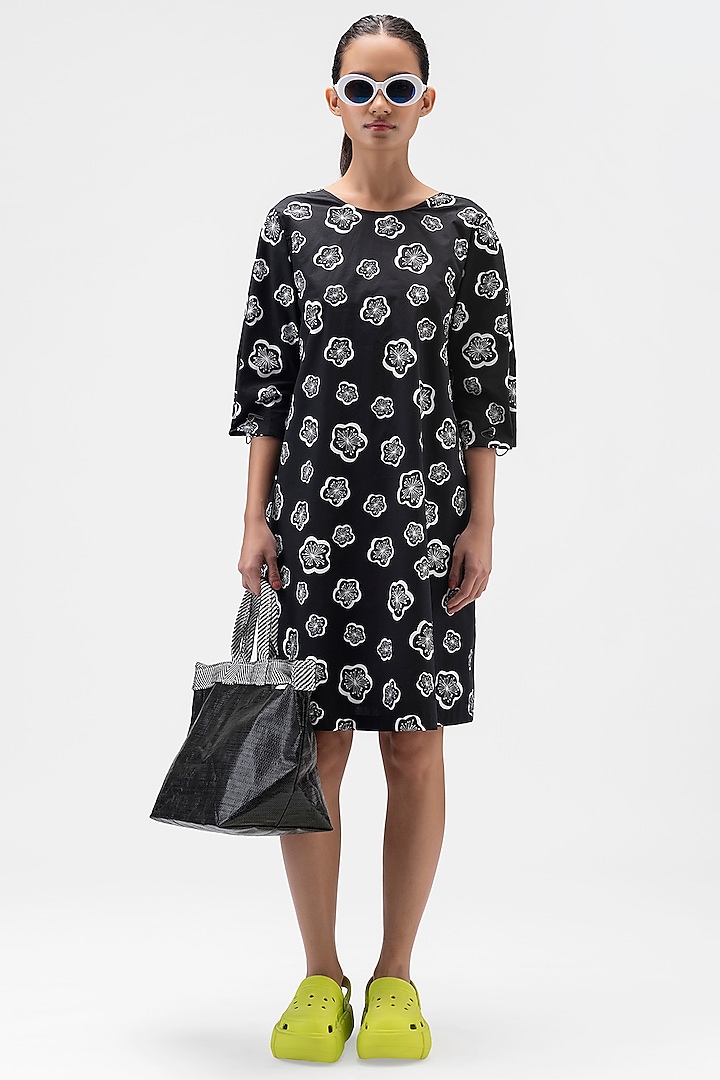 Black Cotton Poplin Box-Pleated Printed Dress by Genes Lecoanet Hemant