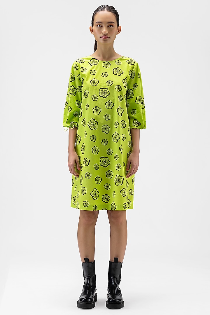 Lime Green Cotton Poplin Printed Dress by Genes Lecoanet Hemant