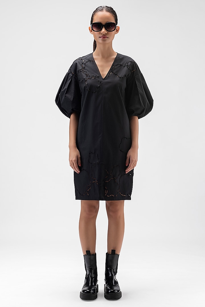 Black Cotton Poplin Embroidered Dress by Genes Lecoanet Hemant