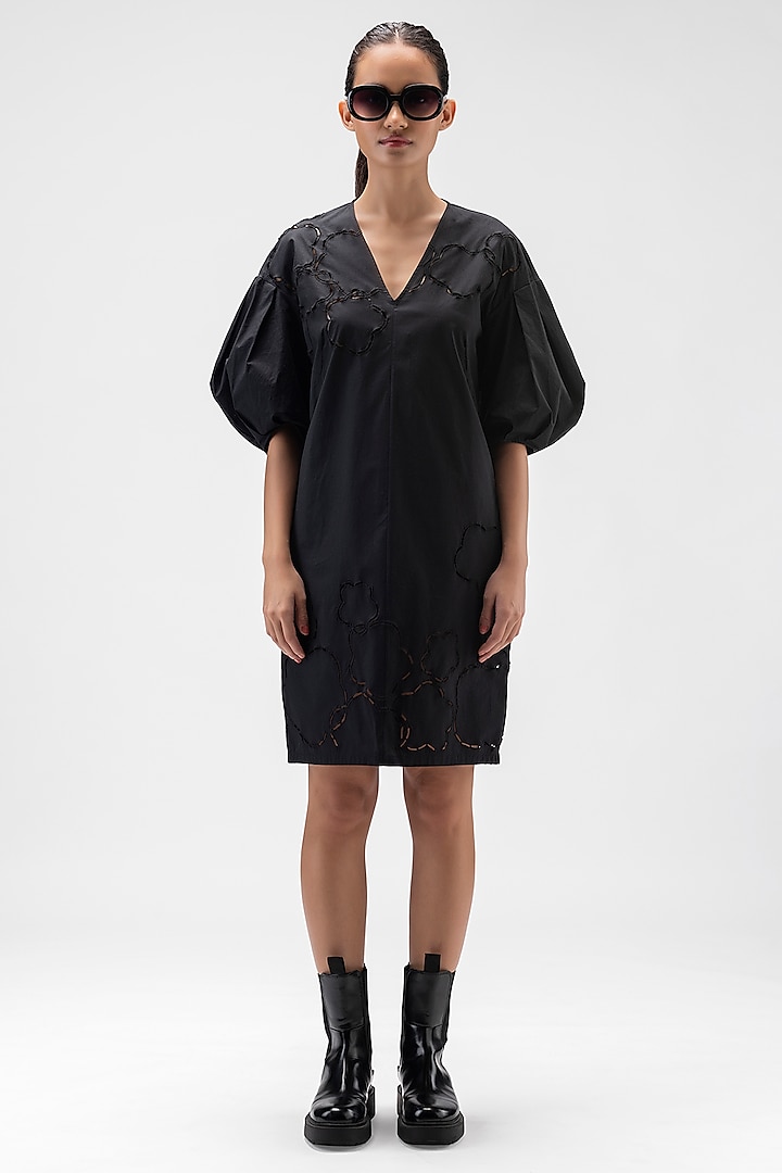 Black Cotton Poplin Embroidered Dress by Genes Lecoanet Hemant at Pernia's Pop Up Shop