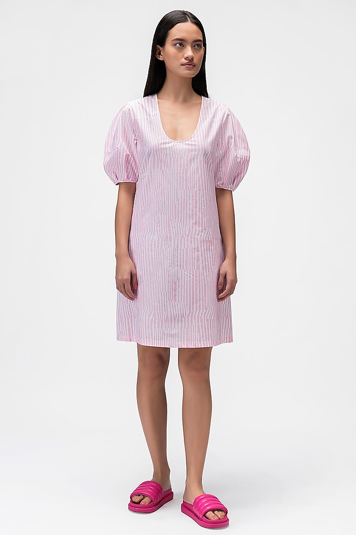 White Cotton Poplin Striped Printed Dress by Genes Lecoanet Hemant at Pernia's Pop Up Shop