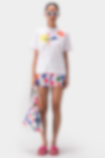 White Cotton Poplin Floral Printed Shorts by Genes Lecoanet Hemant