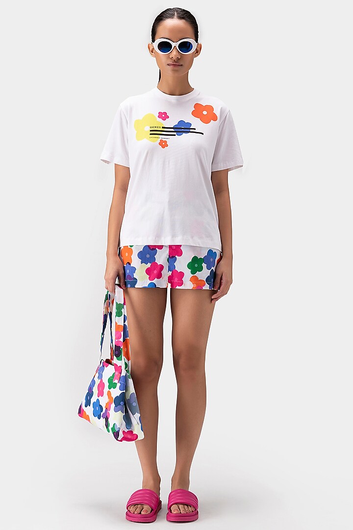 White Cotton Poplin Floral Printed Shorts by Genes Lecoanet Hemant