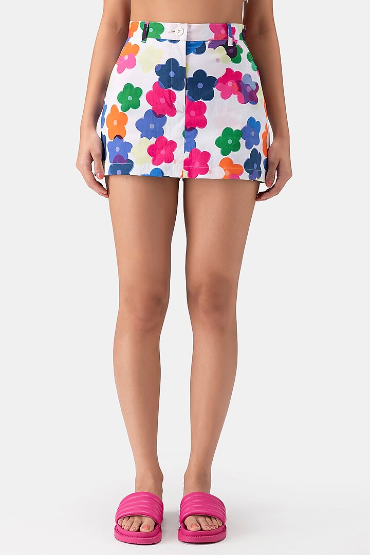 White Cotton Poplin Floral Printed Shorts by Genes Lecoanet Hemant at Pernia's Pop Up Shop