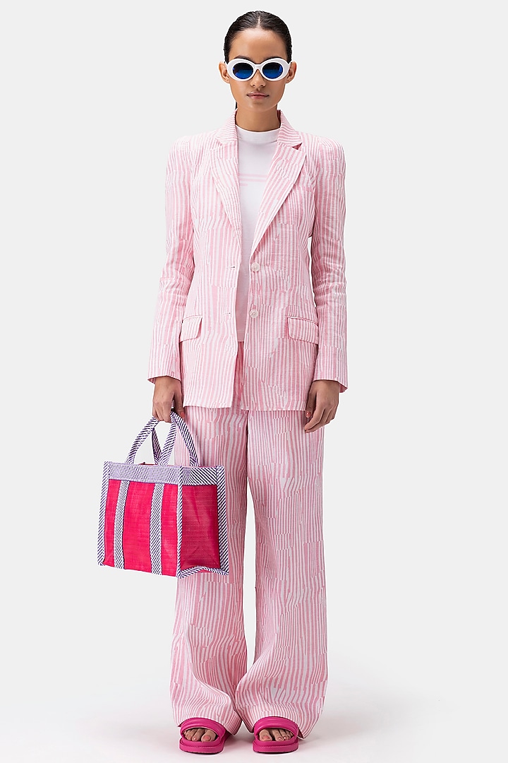 Pink Linen Herringbone Trousers by Genes Lecoanet Hemant