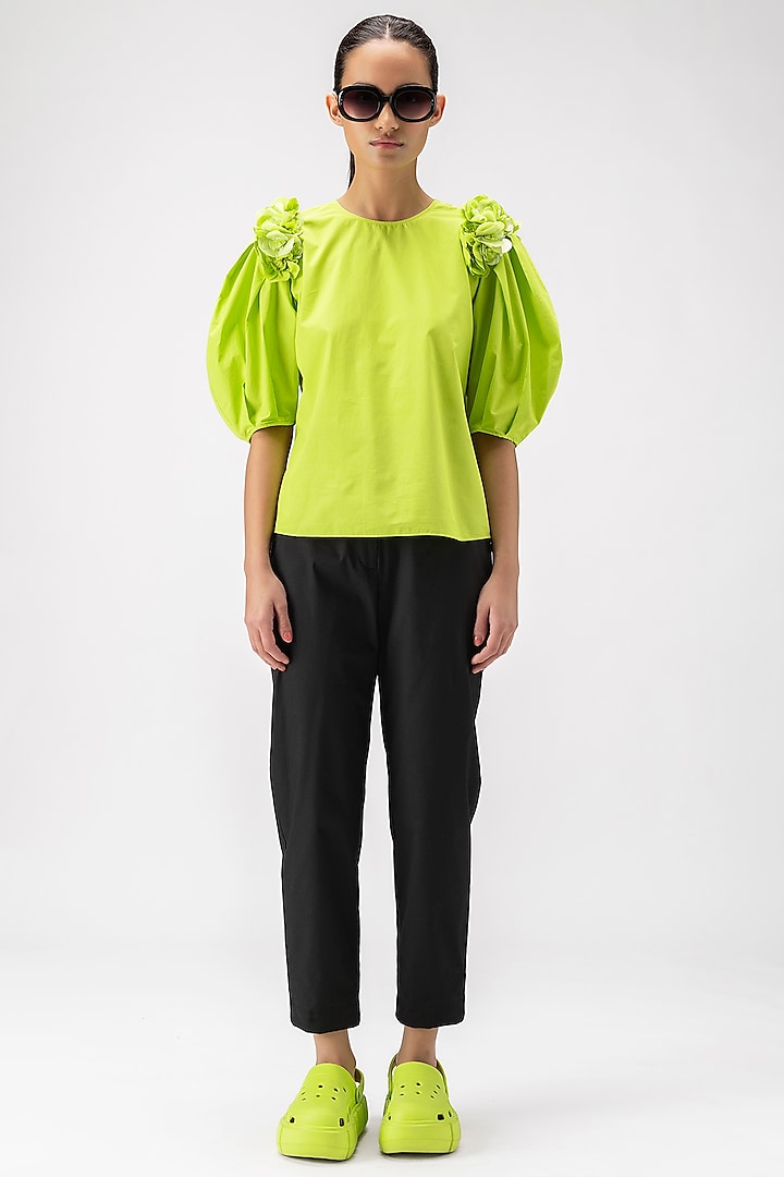 Lime Green Cotton Poplin Floral Embroidered Top by Genes Lecoanet Hemant