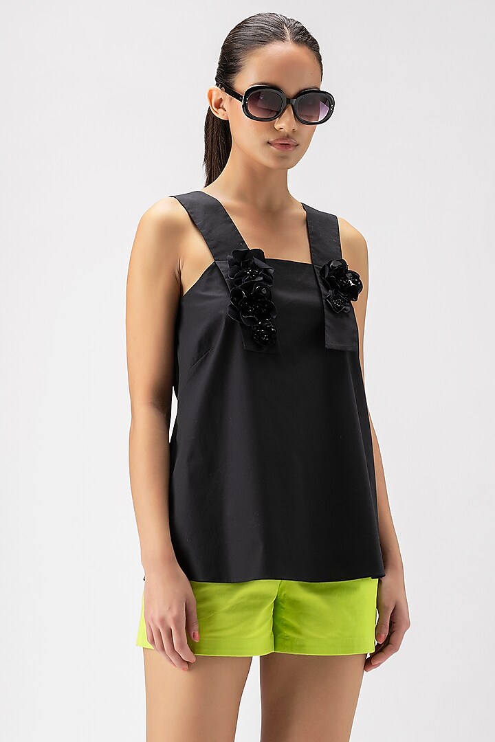 Black Cotton Poplin Floral Embroidered Top by Genes Lecoanet Hemant at Pernia's Pop Up Shop