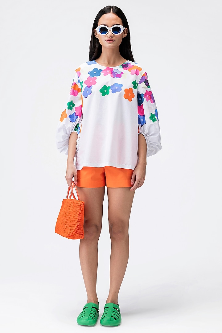 White Cotton Poplin Floral Printed Top by Genes Lecoanet Hemant