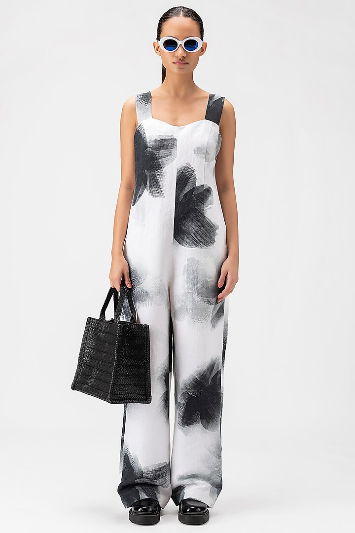 Black & White Linen Herringbone Floral Printed Jumpsuit by Genes Lecoanet Hemant