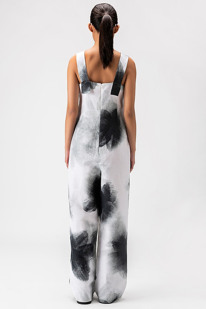 Black & White Linen Herringbone Floral Printed Jumpsuit by Genes Lecoanet Hemant at Pernia's Pop Up Shop