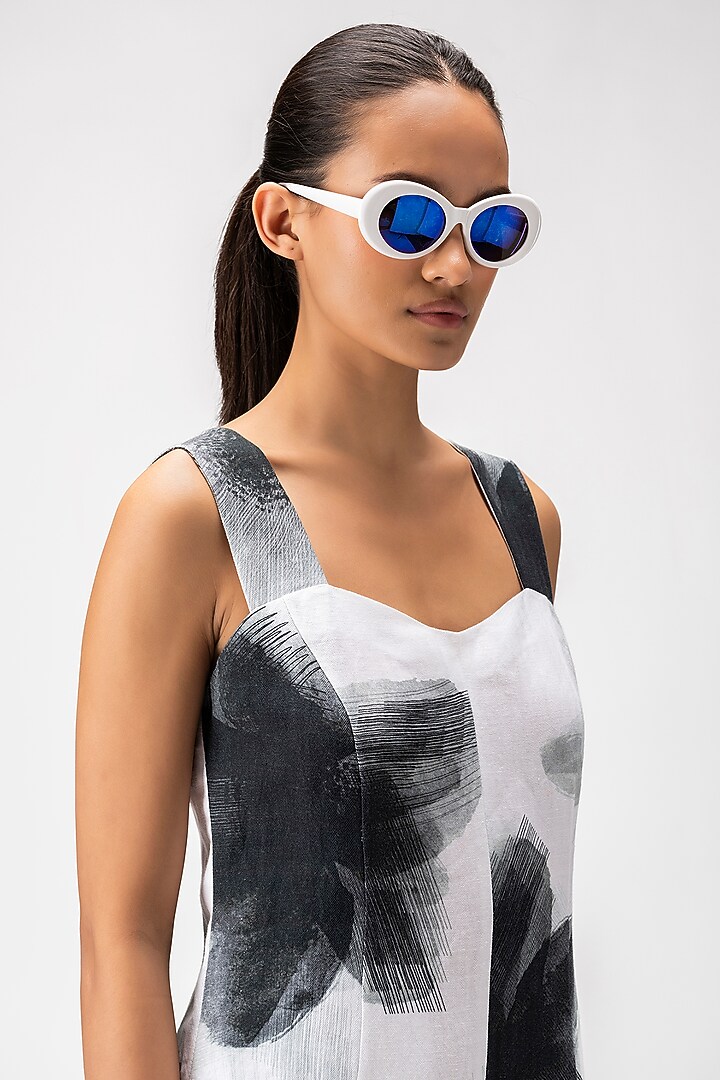 Black & White Linen Herringbone Floral Printed Jumpsuit by Genes Lecoanet Hemant at Pernia's Pop Up Shop