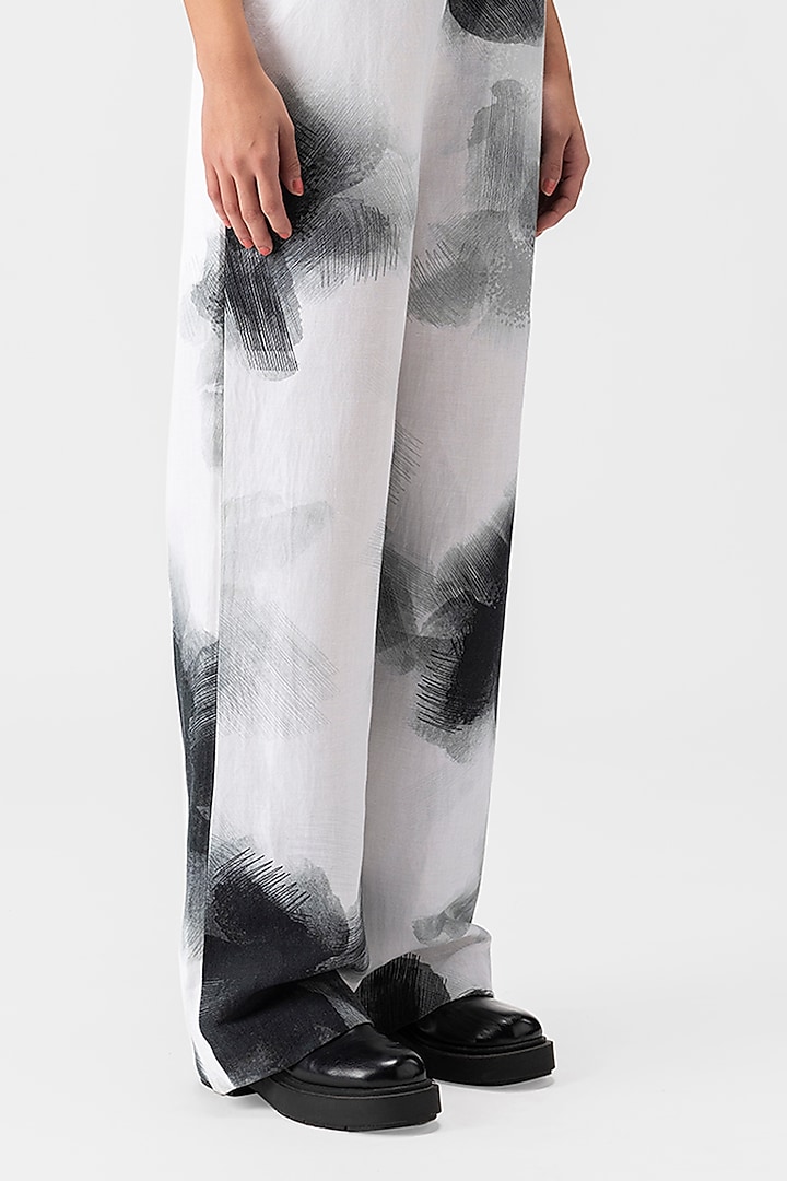 Black & White Linen Herringbone Floral Printed Jumpsuit by Genes Lecoanet Hemant at Pernia's Pop Up Shop