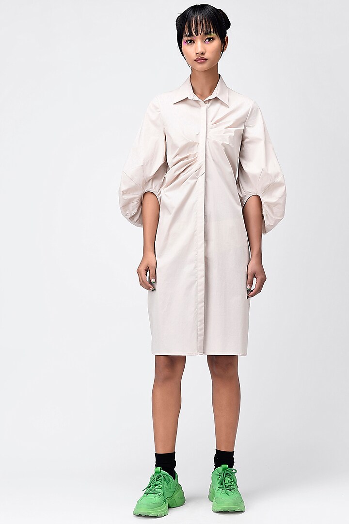 Cream Cotton Asymmetric Shirt Dress by Genes Lecoanet Hemant
