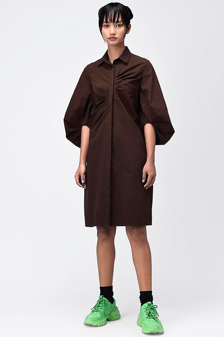 Brown Cotton Asymmetric Shirt Dress by Genes Lecoanet Hemant