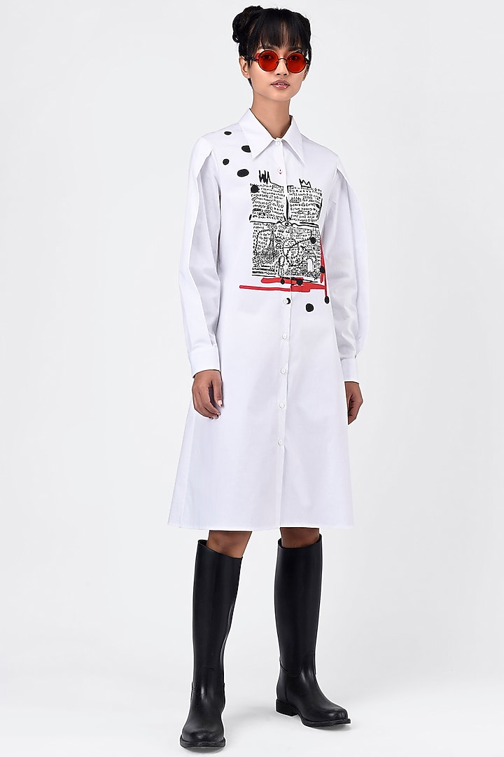 White Printed Summer Shirt Dress by Genes Lecoanet Hemant at Pernia's Pop Up Shop