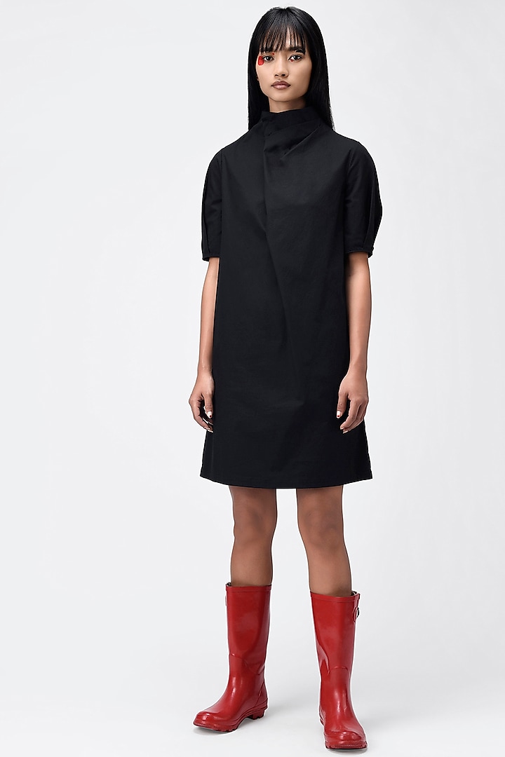 Black Cotton Draped Dress by Genes Lecoanet Hemant
