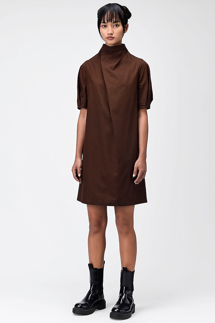 Brown Cotton Draped Dress by Genes Lecoanet Hemant