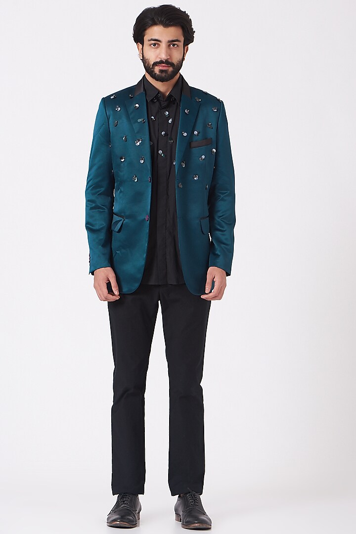 Teal Blue Embroidered Blazer by Genes Lecoanet Hemant Men