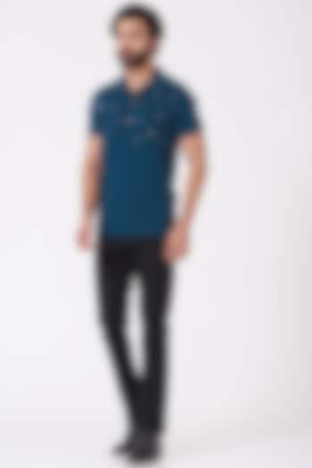 Teal Blue Embroidered Polo T-Shirt by Genes Lecoanet Hemant Men at Pernia's Pop Up Shop