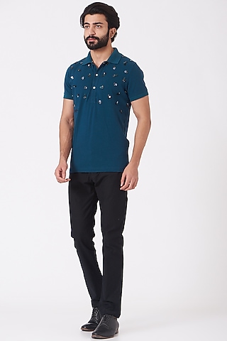 Teal Blue Embroidered Polo T-Shirt by Genes Lecoanet Hemant Men