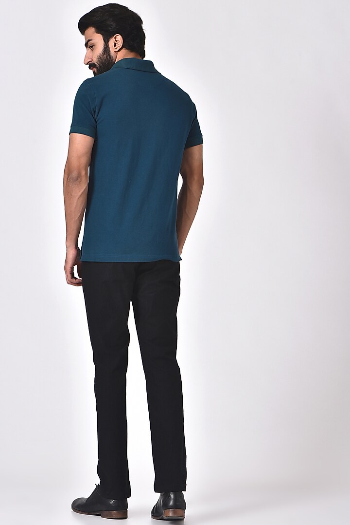 Teal Blue Embroidered Polo T-Shirt by Genes Lecoanet Hemant Men at Pernia's Pop Up Shop