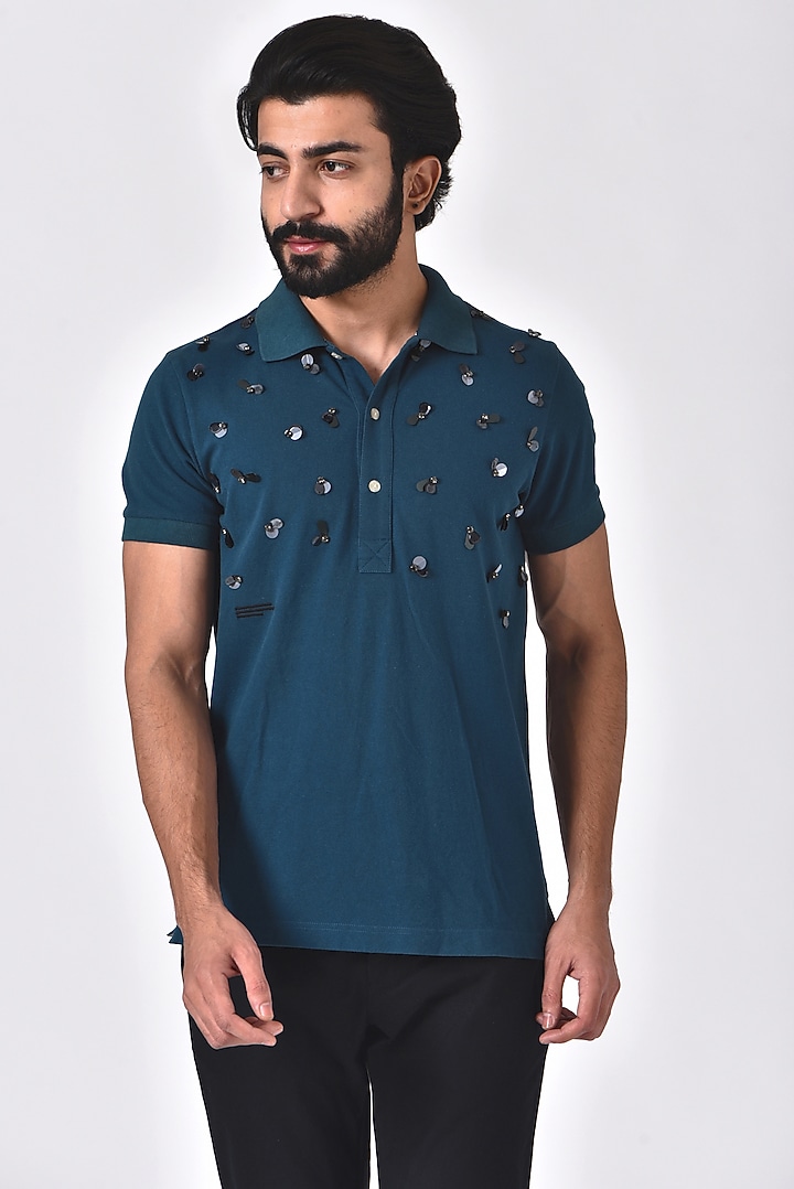 Teal Blue Embroidered Polo T-Shirt by Genes Lecoanet Hemant Men at Pernia's Pop Up Shop