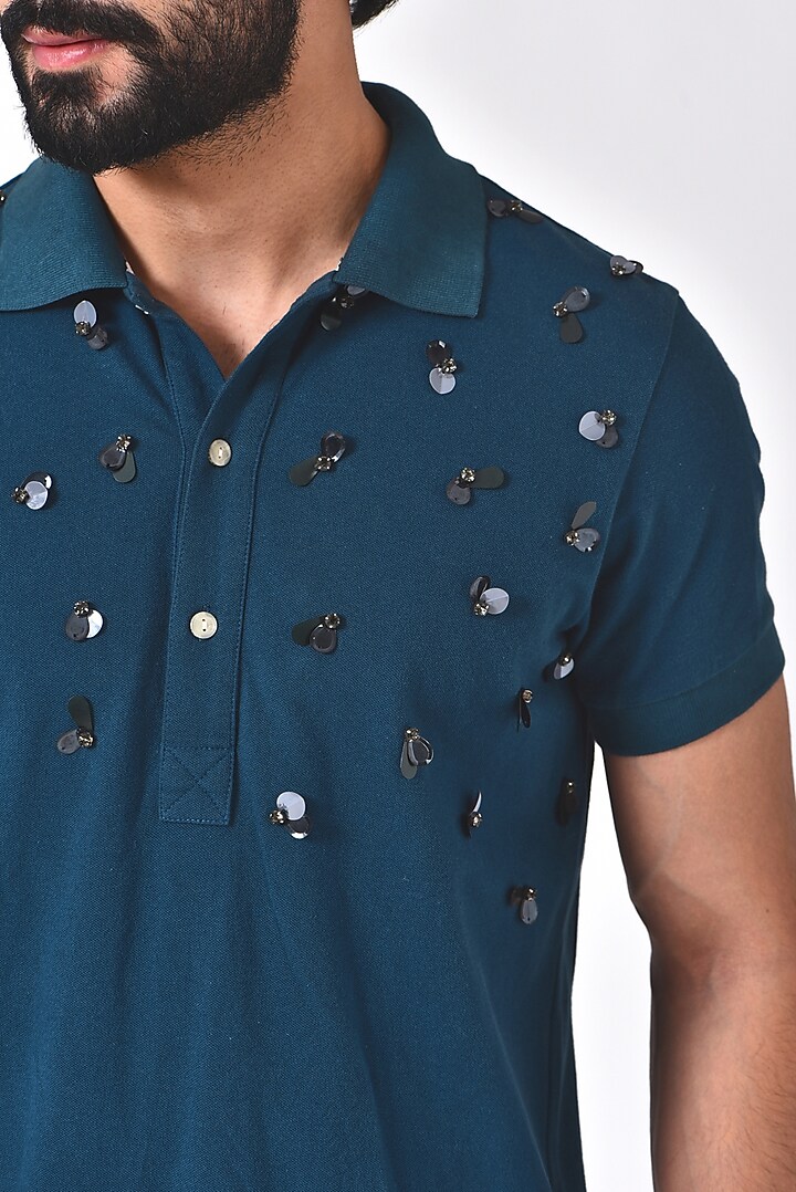 Teal Blue Embroidered Polo T-Shirt by Genes Lecoanet Hemant Men at Pernia's Pop Up Shop
