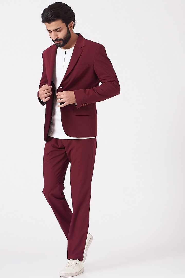 Burgundy Poly Viscose Trousers by Genes Lecoanet Hemant Men