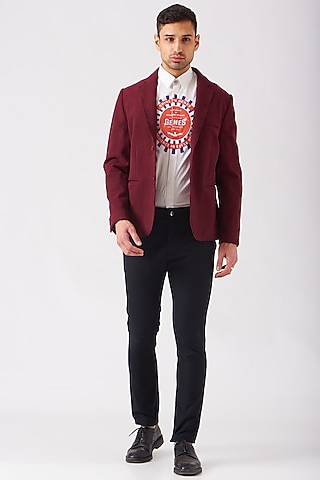 Burgundy Leather & Felt Jacket by Genes Lecoanet Hemant Men