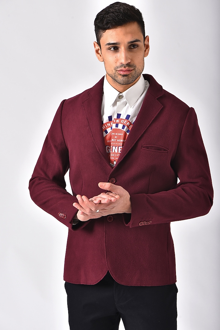 Burgundy Leather & Felt Jacket by Genes Lecoanet Hemant Men at Pernia's Pop Up Shop
