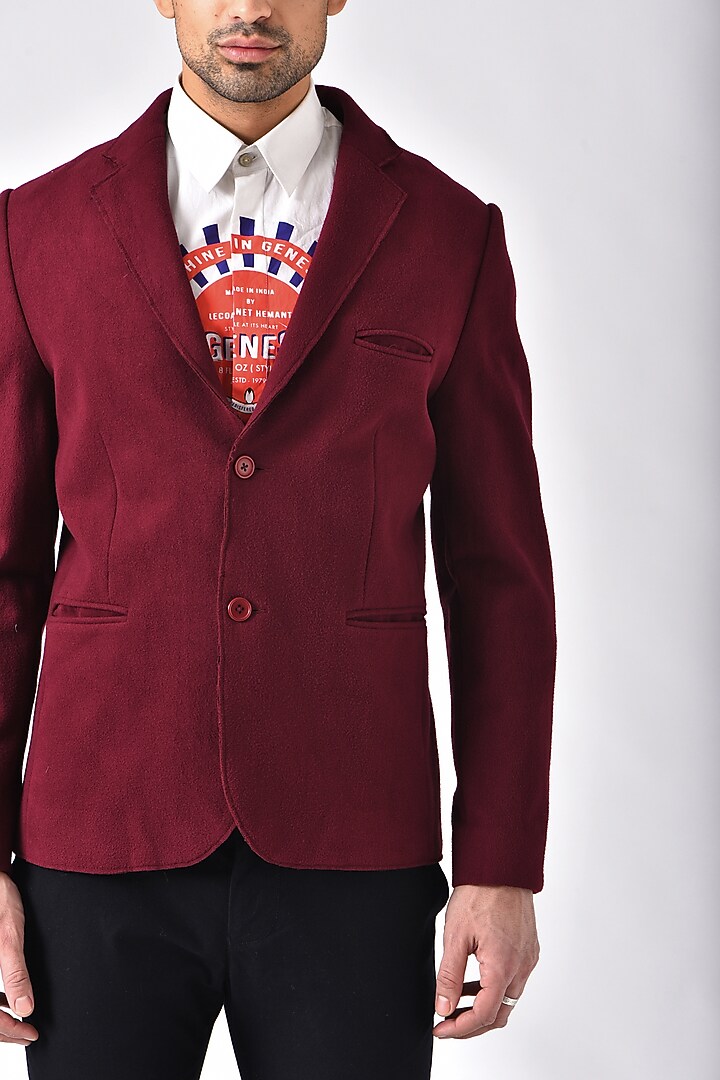Burgundy Leather & Felt Jacket by Genes Lecoanet Hemant Men at Pernia's Pop Up Shop