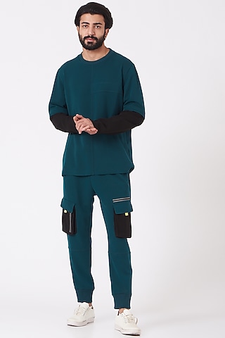 Teal Blue Poly Crepe T-Shirt by Genes Lecoanet Hemant Men