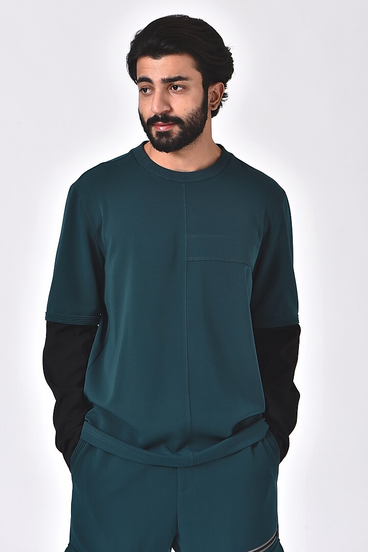 Teal Blue Poly Crepe T-Shirt by Genes Lecoanet Hemant Men at Pernia's Pop Up Shop