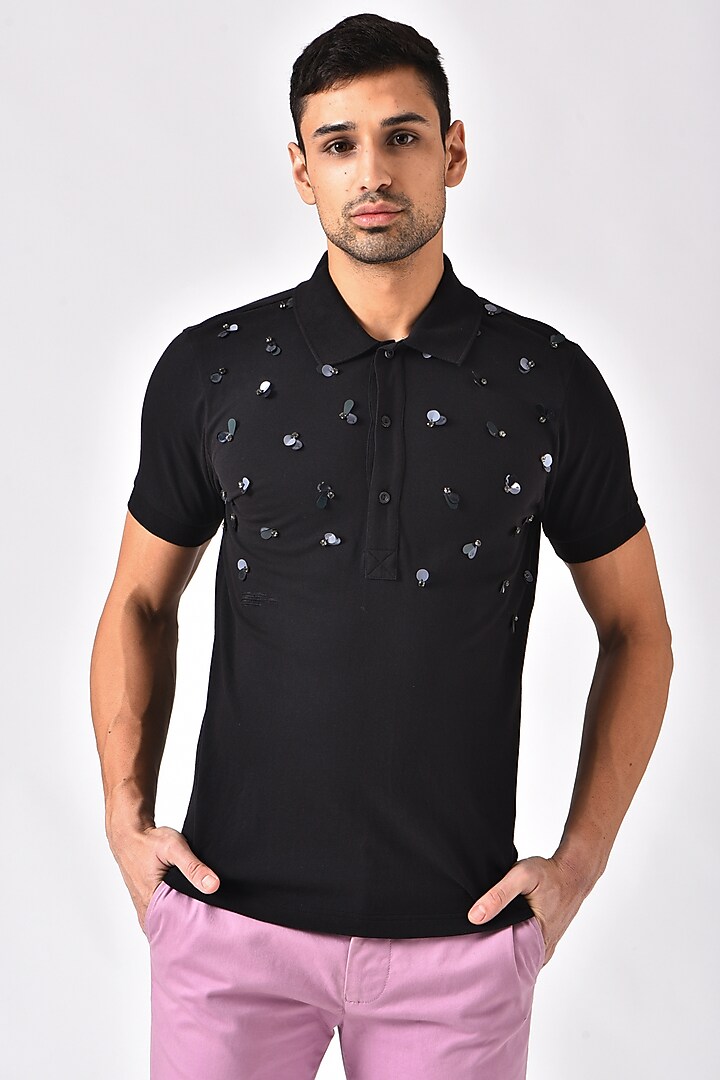 Black Embroidered T-Shirt by Genes Lecoanet Hemant Men at Pernia's Pop Up Shop