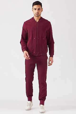 Burgundy Leather & Felt Bomber Jacket by Genes Lecoanet Hemant Men