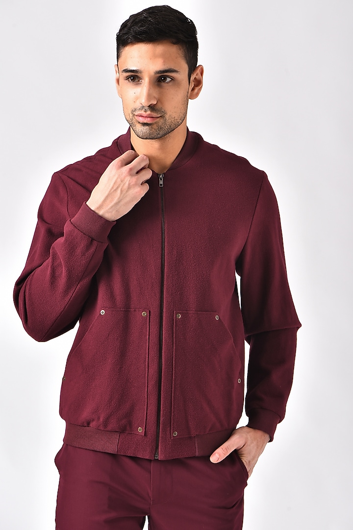 Burgundy Leather & Felt Bomber Jacket by Genes Lecoanet Hemant Men at Pernia's Pop Up Shop