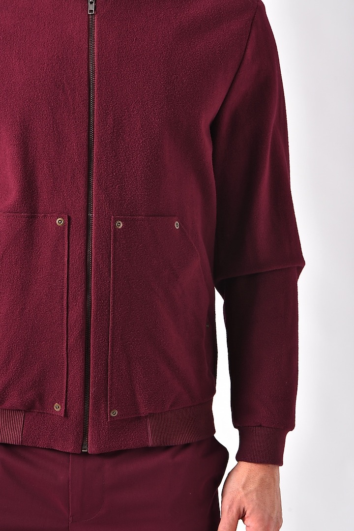 Burgundy Leather & Felt Bomber Jacket by Genes Lecoanet Hemant Men at Pernia's Pop Up Shop