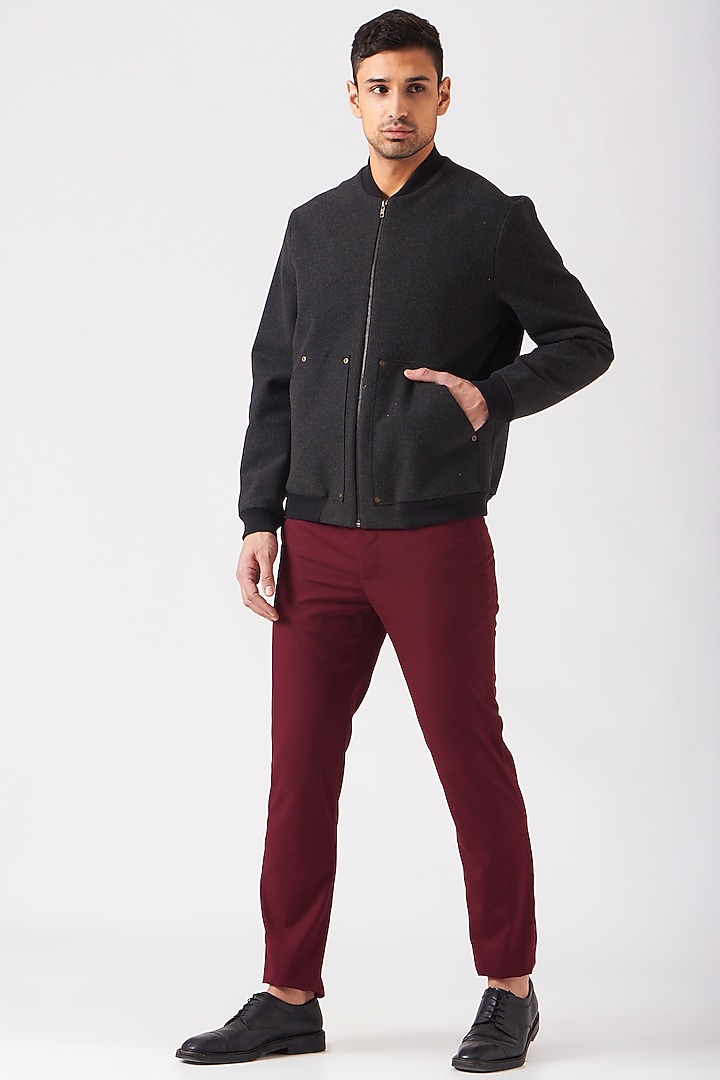 Charcoal Grey Leather & Felt Bomber Jacket by Genes Lecoanet Hemant Men at Pernia's Pop Up Shop