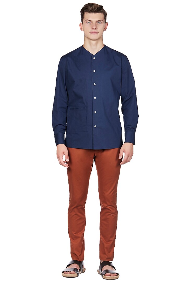 Navy Blue Cotton & Lycra Shirt by Genes Lecoanet Hemant Men