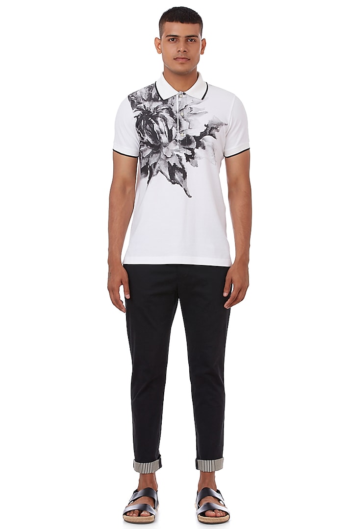 Black & White Floral Printed Polo T-Shirt by Genes Lecoanet Hemant