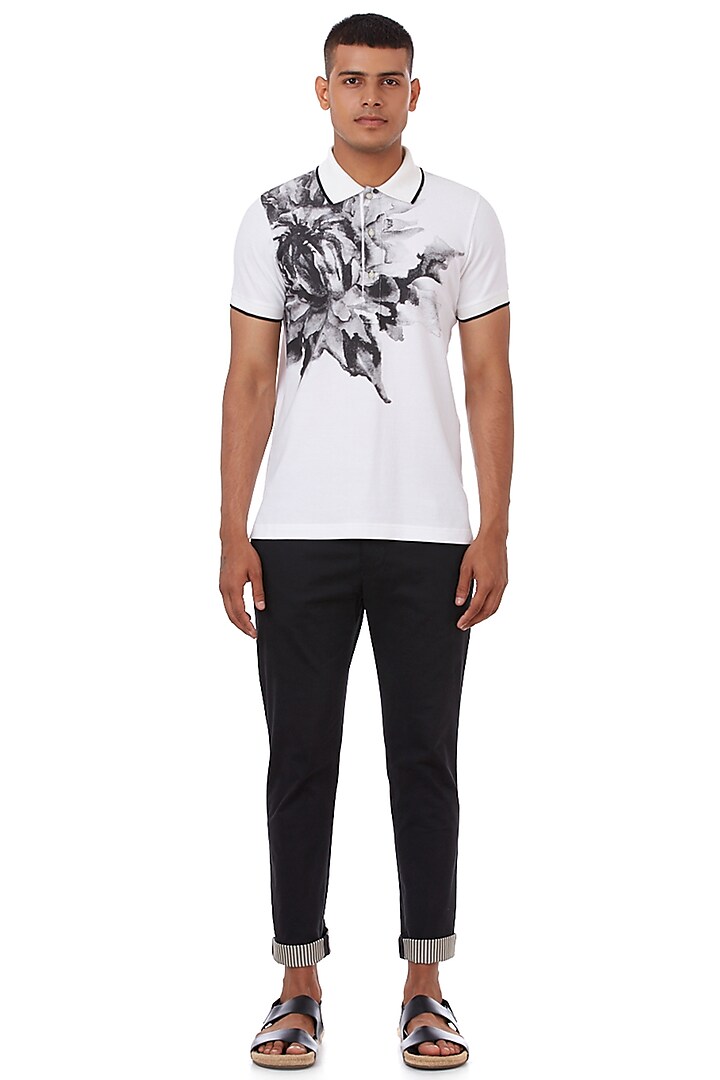 Black & White Floral Printed Polo T-Shirt by Genes Lecoanet Hemant