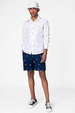 Marine Blue Logo Printed Shorts by Genes Lecoanet Hemant Men