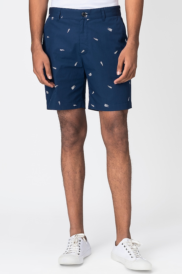 Marine Blue Logo Printed Shorts by Genes Lecoanet Hemant Men at Pernia's Pop Up Shop