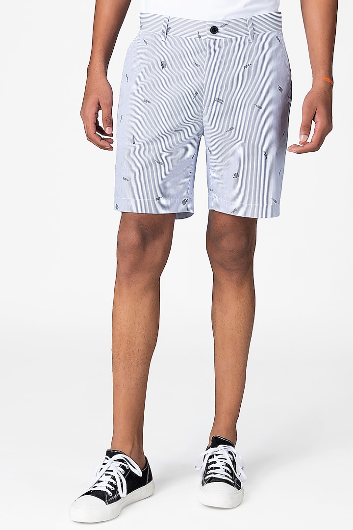 White & Blue Pinstriped Shorts by Genes Lecoanet Hemant Men